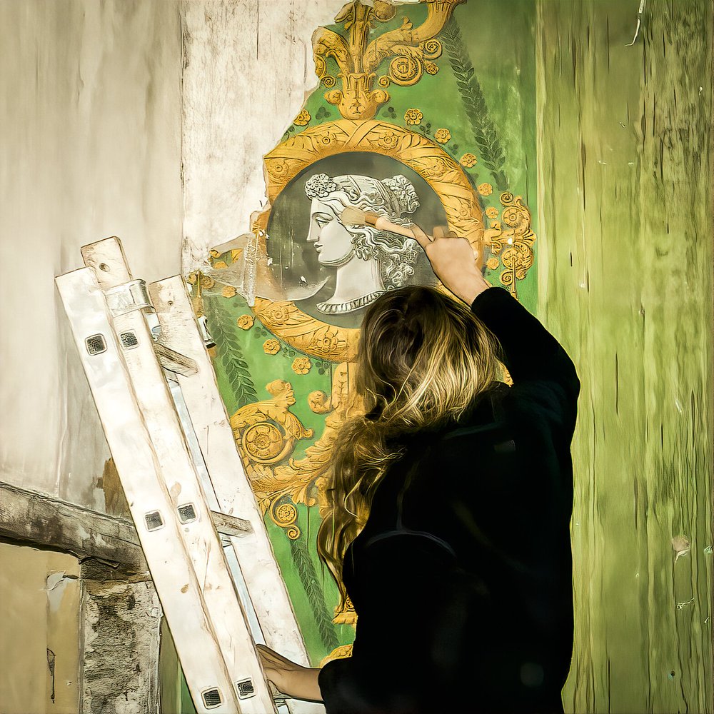 The restoration of a fresco, close up