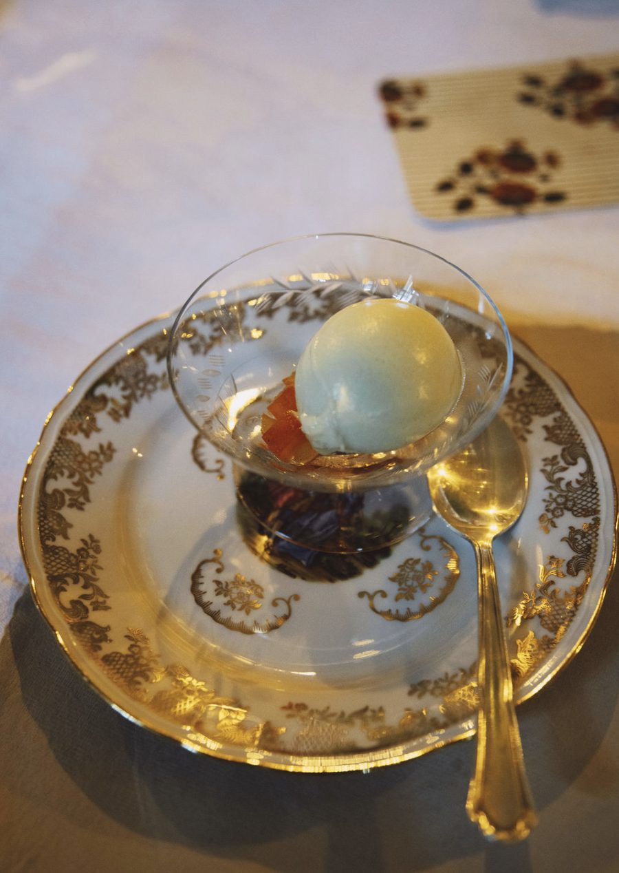A dessert in gilded glass