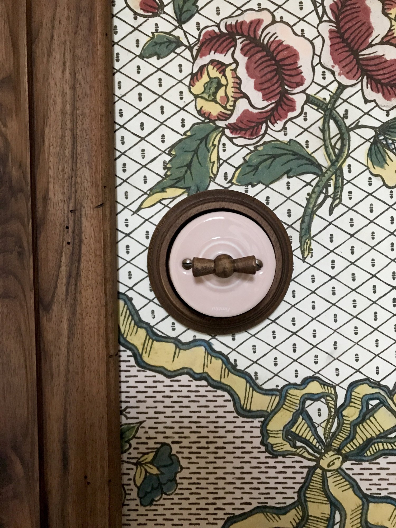 A porcelain switch on the floral paper