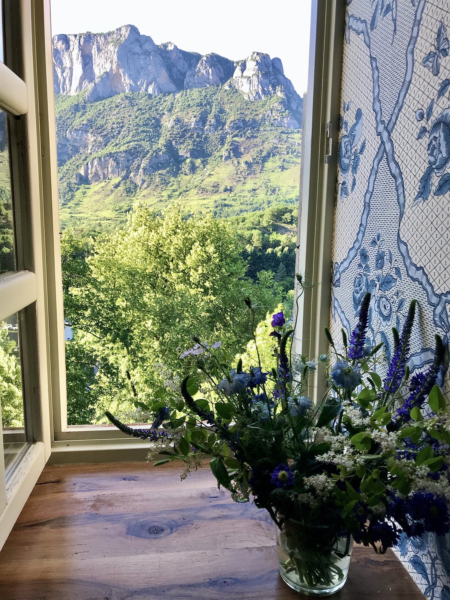 A bathroom window now, open onto the mountains, wildflowers on the walnut sill