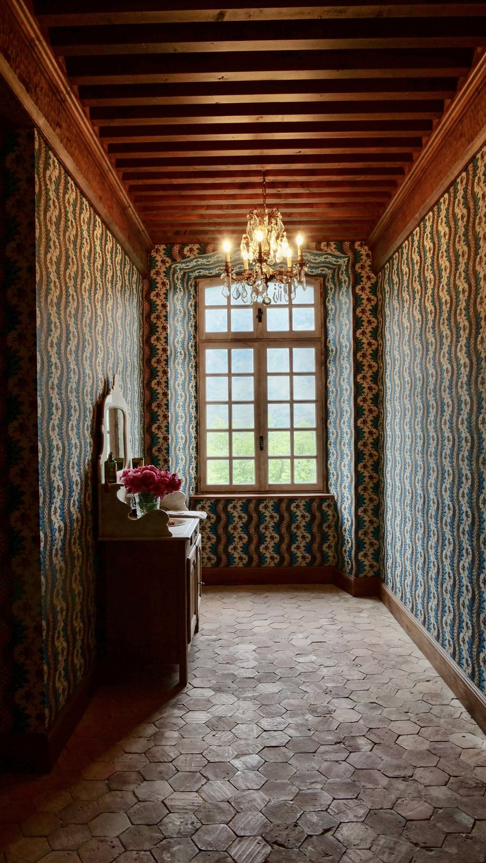 The patterned paper of a bathroom dressing room