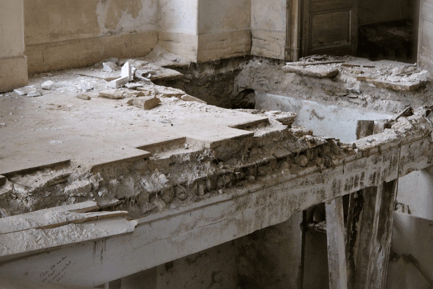 The dining room floor, open to its layers
