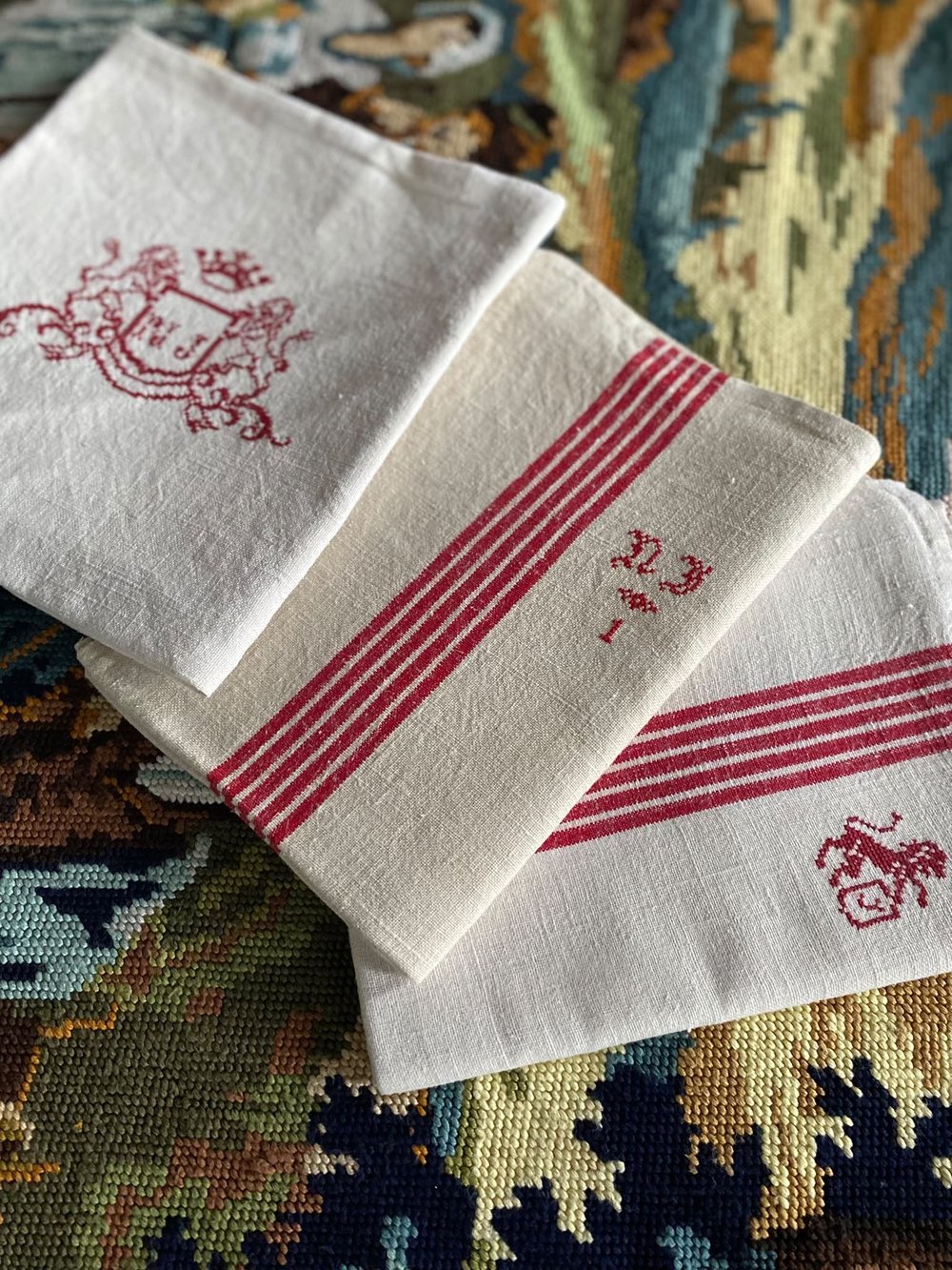 Linen, embroidered in red