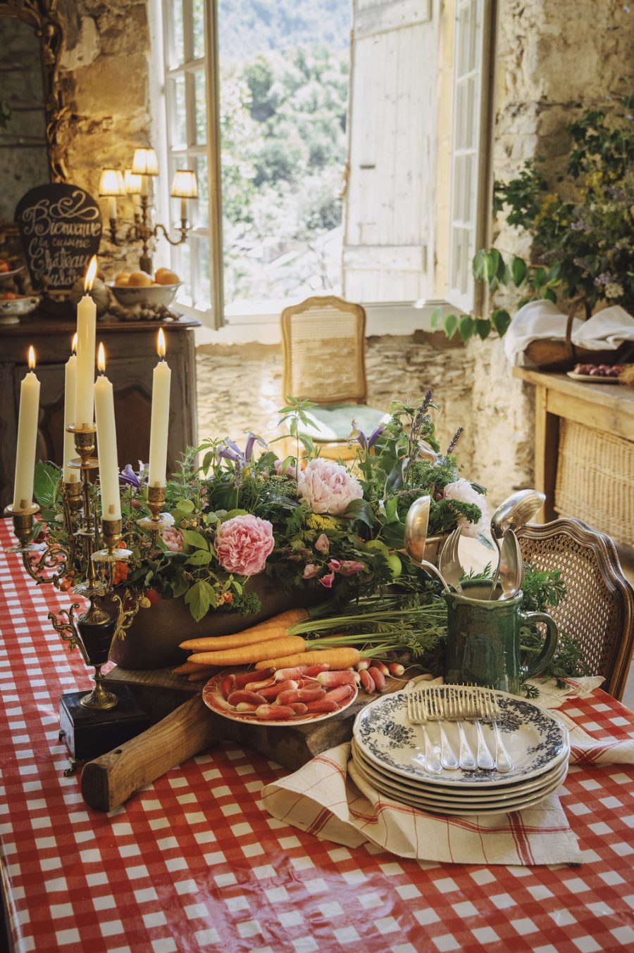 Flowers and candles on the table