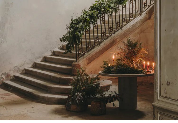 The staircase at Christmas, candles lit