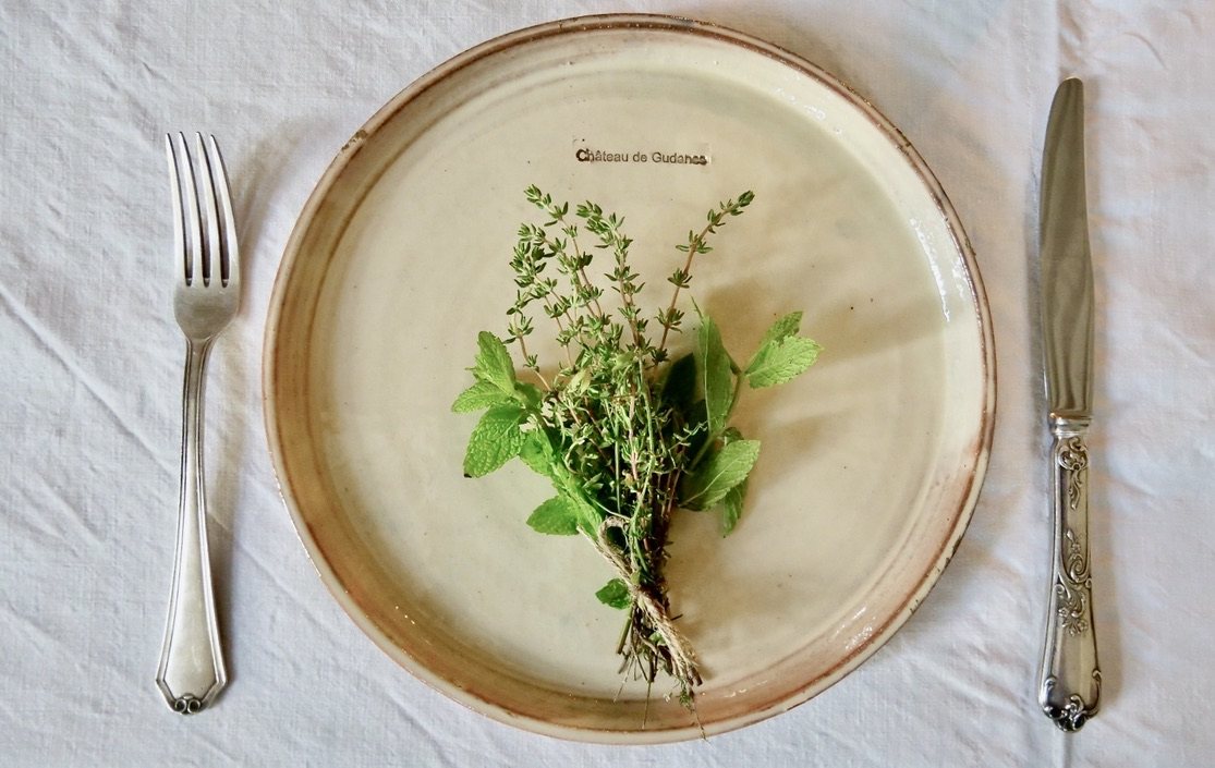 Herbs laid on the château’s own plate