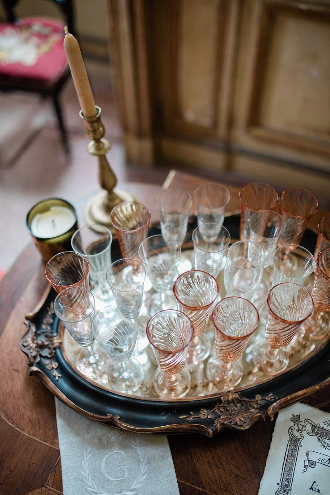 Crystal glasses on a silver tray