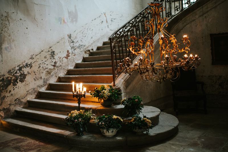 The staircase, lit for the evening