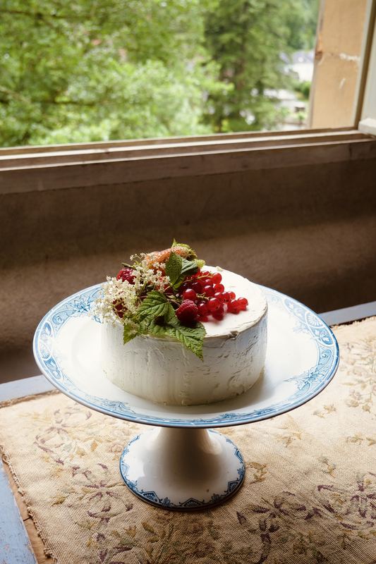 A cake on its stand by the window
